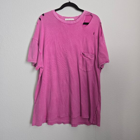 We The Free Distressed Tattered Washed Oversized Cotton T-Shirt Magenta Large - Picture 1 of 11